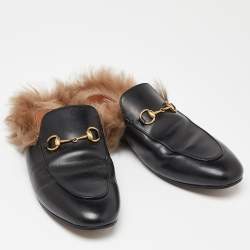 Pre Owned Gucci Black Leather and Fur Princetown Flat Mules Size 41
