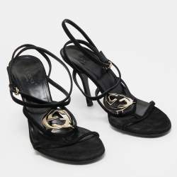 Gucci Black Suede GG Interlocking Cage Sandals Size 38.5