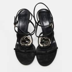 Gucci Black Suede GG Interlocking Cage Sandals Size 38.5