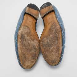 Pre Owned Gucci Blue/Silver Canvas and Leather Horsebit Jordaan Slip On Loafers Size 37