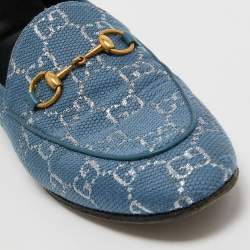 Pre Owned Gucci Blue/Silver Canvas and Leather Horsebit Jordaan Slip On Loafers Size 37