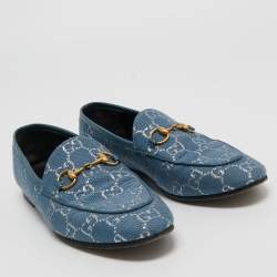 Pre Owned Gucci Blue/Silver Canvas and Leather Horsebit Jordaan Slip On Loafers Size 37
