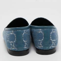 Pre Owned Gucci Blue/Silver Canvas and Leather Horsebit Jordaan Slip On Loafers Size 37