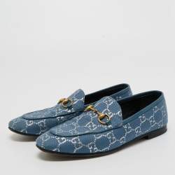 Pre Owned Gucci Blue/Silver Canvas and Leather Horsebit Jordaan Slip On Loafers Size 37
