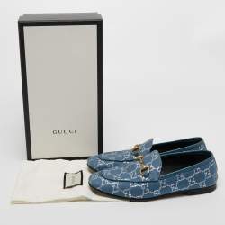 Pre Owned Gucci Blue/Silver Canvas and Leather Horsebit Jordaan Slip On Loafers Size 37