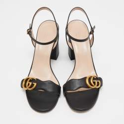 Pre Owned Gucci Black Leather GG Marmont Ankle Strap Sandals Size 40