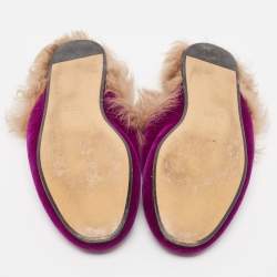 Pre Owned Gucci Purple/Beige Velvet and Fur Princetown Flat Mules Size 40