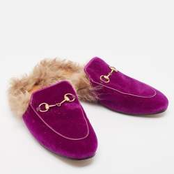 Pre Owned Gucci Purple/Beige Velvet and Fur Princetown Flat Mules Size 40