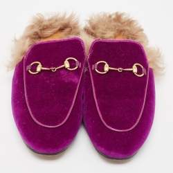 Pre Owned Gucci Purple/Beige Velvet and Fur Princetown Flat Mules Size 40