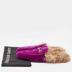 Pre Owned Gucci Purple/Beige Velvet and Fur Princetown Flat Mules Size 40