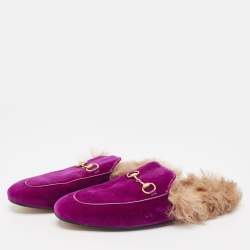 Pre Owned Gucci Purple/Beige Velvet and Fur Princetown Flat Mules Size 40