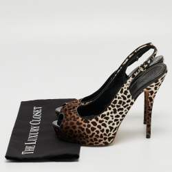 Pre Owned Gucci Brown/White Leopard Print Calf Hair Sofia Platform Slingback Pumps Size 40