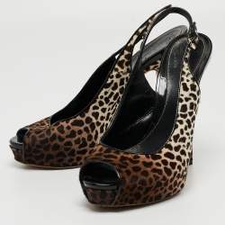 Pre Owned Gucci Brown/White Leopard Print Calf Hair Sofia Platform Slingback Pumps Size 40