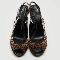 Pre Owned Gucci Brown/White Leopard Print Calf Hair Sofia Platform Slingback Pumps Size 40