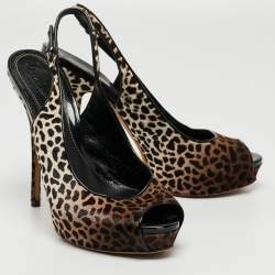Pre Owned Gucci Brown/White Leopard Print Calf Hair Sofia Platform Slingback Pumps Size 40