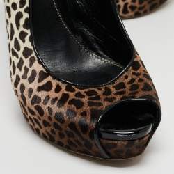 Pre Owned Gucci Brown/White Leopard Print Calf Hair Sofia Platform Slingback Pumps Size 40