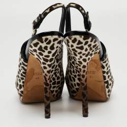 Pre Owned Gucci Brown/White Leopard Print Calf Hair Sofia Platform Slingback Pumps Size 40