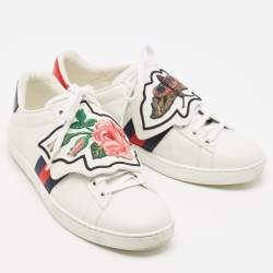 Gucci White Leather Ace Web  Removable Patch Low Top Sneakers Size 37.5