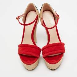 ممل وكة مسبقًا Gucci Red Suede Floral Embroidered Wedge Platform Ankle Strap Espadrilles Size 37