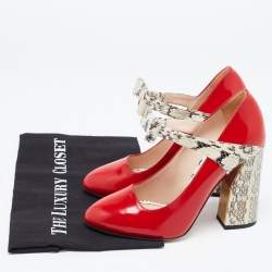 Pre Owned Gucci Red/Beige Watersnake and Glossy Leather Nimue Bow Pumps Size 38