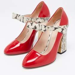 Pre Owned Gucci Red/Beige Watersnake and Glossy Leather Nimue Bow Pumps Size 38