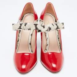 Pre Owned Gucci Red/Beige Watersnake and Glossy Leather Nimue Bow Pumps Size 38