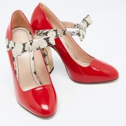 Pre Owned Gucci Red/Beige Watersnake and Glossy Leather Nimue Bow Pumps Size 38