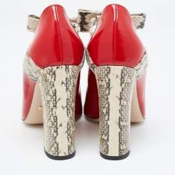 Pre Owned Gucci Red/Beige Watersnake and Glossy Leather Nimue Bow Pumps Size 38