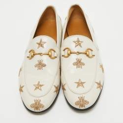 Pre Owned Gucci Cream Leather Jordaan Embroidered Bee Horsebit Slip On Loafers Size 35