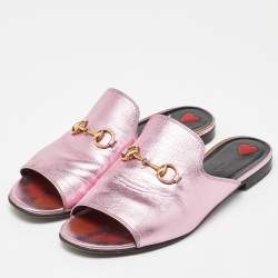 Gucci Pink Leather Horsebit Open Toe Flat Slides Size 38