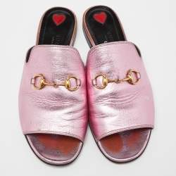 Gucci Pink Leather Horsebit Open Toe Flat Slides Size 38