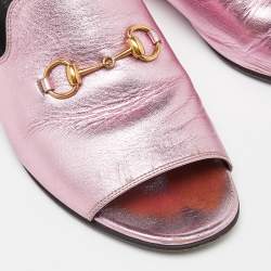 Gucci Pink Leather Horsebit Open Toe Flat Slides Size 38