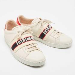 Pre Owned Gucci Cream Leather Logo Elastic Band Ace Sneakers Size 39