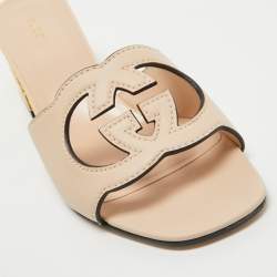 Gucci Light Pink Leather Cut Out Interlocking G Slide Sandals Size 41.5