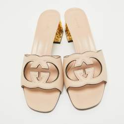 Gucci Light Pink Leather Cut Out Interlocking G Slide Sandals Size 41.5