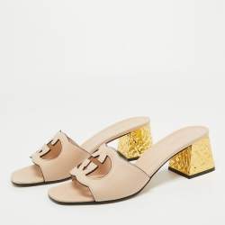 Gucci Light Pink Leather Cut Out Interlocking G Slide Sandals Size 41.5