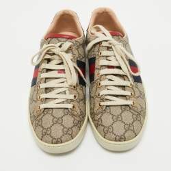 Gucci Brown/Beige Monogram Canvas Ace Low Top Sneakers Size 37.5