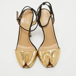 مملوكة مسبقًا Gucci Gold/Black Leather and Suede Ankle Strap Sandals Size 40
