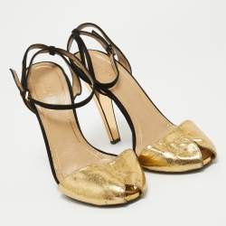 مملوكة مسبقًا Gucci Gold/Black Leather and Suede Ankle Strap Sandals Size 40