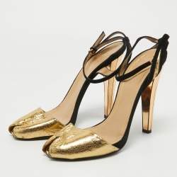 مملوكة مسبقًا Gucci Gold/Black Leather and Suede Ankle Strap Sandals Size 40