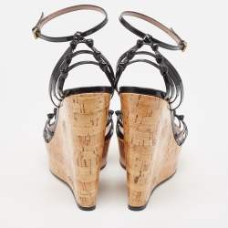 Gucci Black Patent Studded Cork Wedge Sandals Size 40