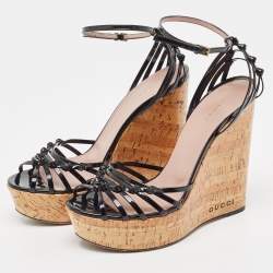 Gucci Black Patent Studded Cork Wedge Sandals Size 40