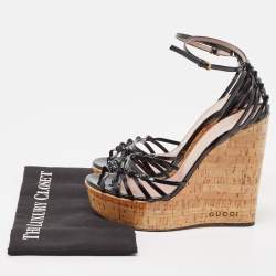 Gucci Black Patent Studded Cork Wedge Sandals Size 40