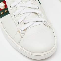 Gucci White Leather Faux Pearl and Spike Embellished Ace Sneakers Size 38