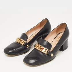Pre Owned Gucci Black Leather Web Chain Link Detail Block Heel Pumps Size 37