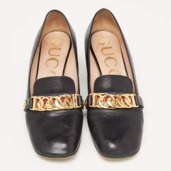 Pre Owned Gucci Black Leather Web Chain Link Detail Block Heel Pumps Size 37