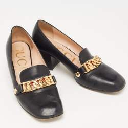 Pre Owned Gucci Black Leather Web Chain Link Detail Block Heel Pumps Size 37