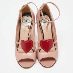 Gucci Pink Leather Molina Crystal Heart T-Strap Pumps Size 37.5