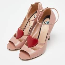 Gucci Pink Leather Molina Crystal Heart T-Strap Pumps Size 37.5