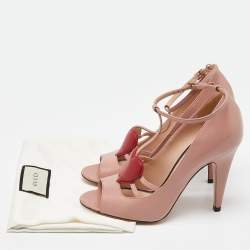 Gucci Pink Leather Molina Crystal Heart T-Strap Pumps Size 37.5